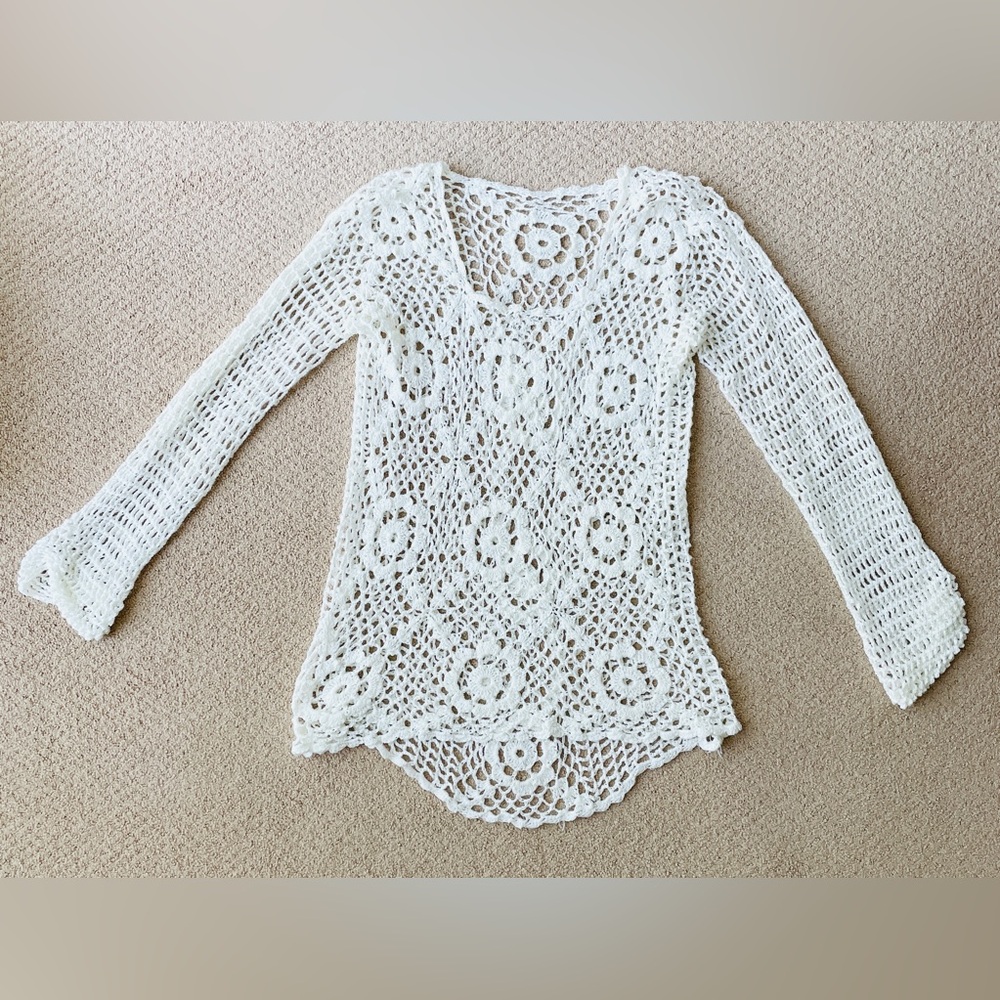 Handmade Crochet Knit Beach Pool Cruise Cover Up Off White Top / Fits: XS, S